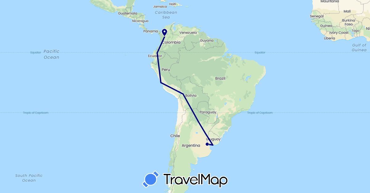 TravelMap itinerary: driving in Argentina, Bolivia, Colombia, Ecuador, Peru, Uruguay (South America)